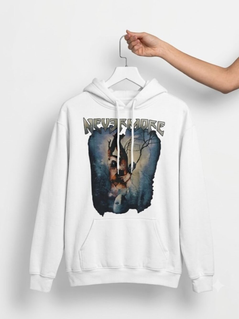 Nevermore Band Graphic Hoodie, White Heavy Metal Progressive Metal Hoodie